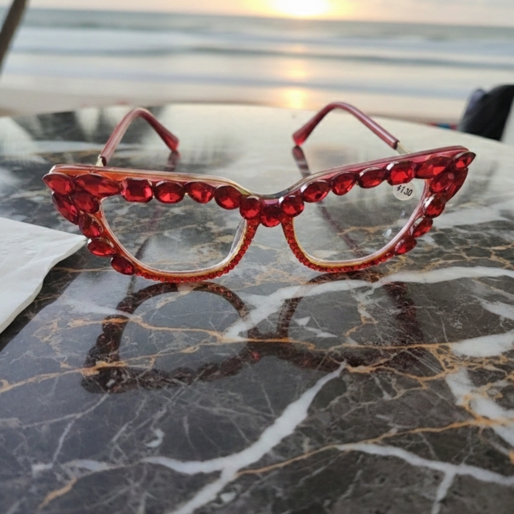 Women's Bling Cat Eye Readers Red Rhinestones AB Reading Glasses Black +1.50 - Picture 3 of 8
